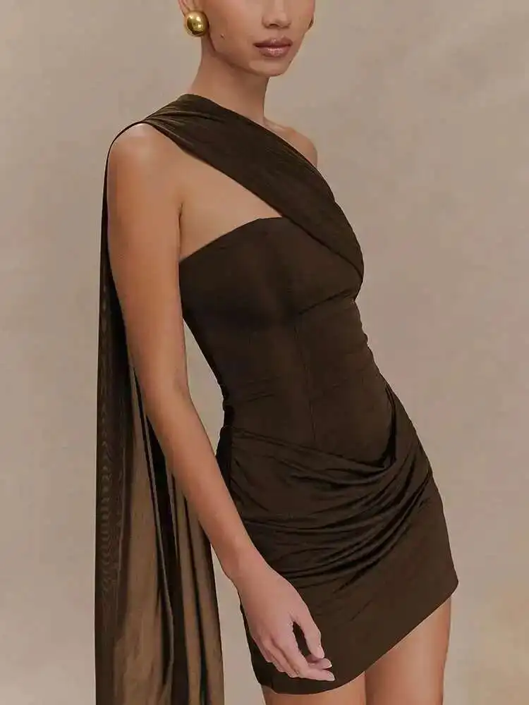 Draped Oblique Shoulder Mini Dress - Image 3