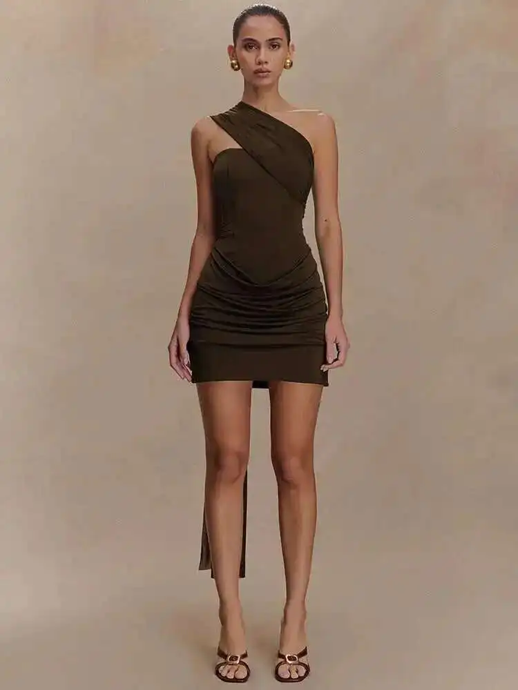 Draped Oblique Shoulder Mini Dress - Image 4