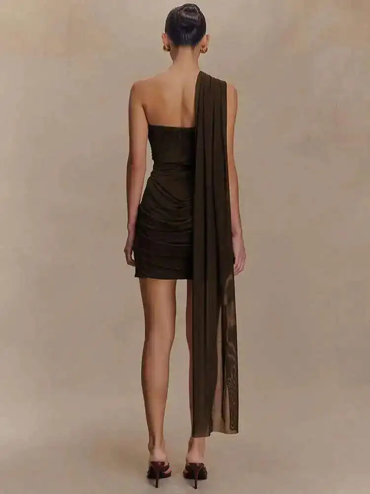 Draped Oblique Shoulder Mini Dress - Image 5
