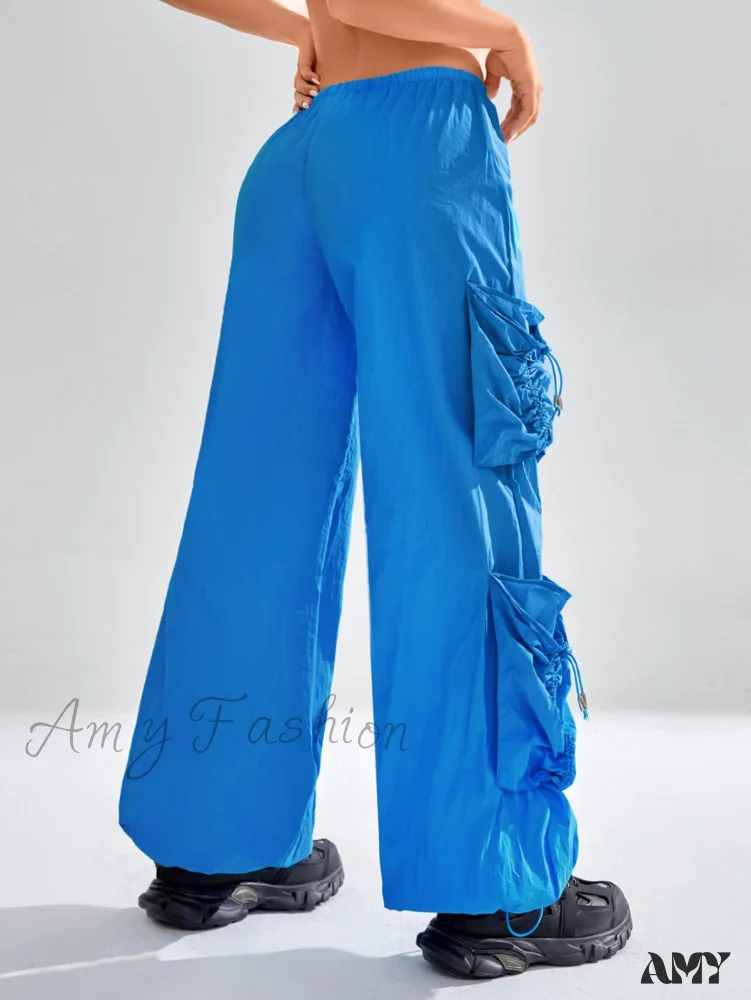 Amy Fashion - Drawstring Waist Flap Pocket Parachute Cargo Pants - Image 2