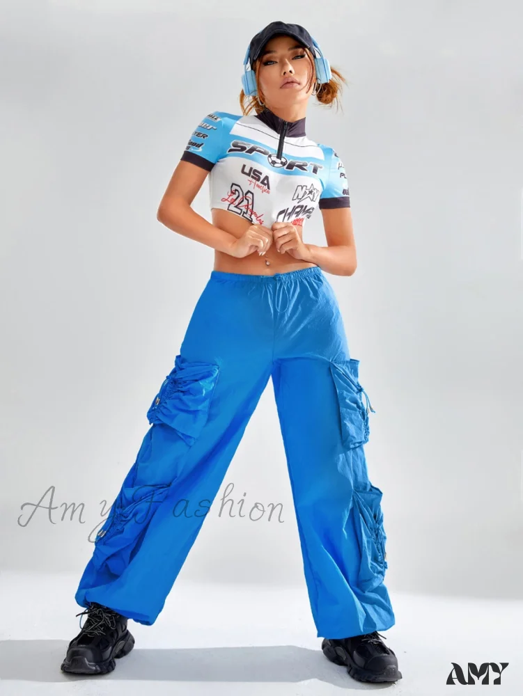 Amy Fashion - Drawstring Waist Flap Pocket Parachute Cargo Pants - Image 3