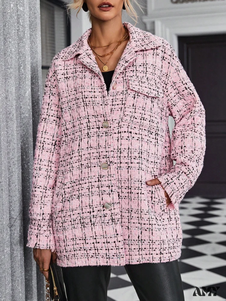 Amy Fashion - Drop Shoulder Flap Pocket Tweed Coat - Image 6