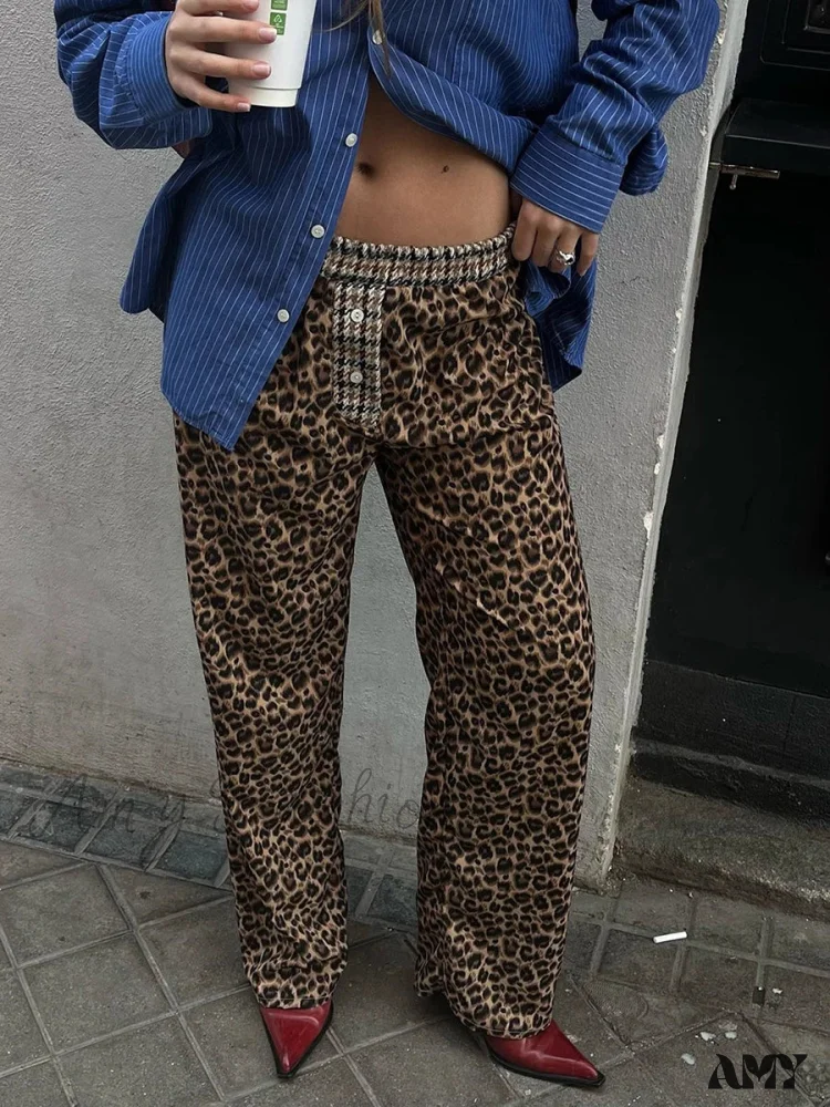 Elastic Waistband Leopard Houndstooth Print Casual Pants - Image 2