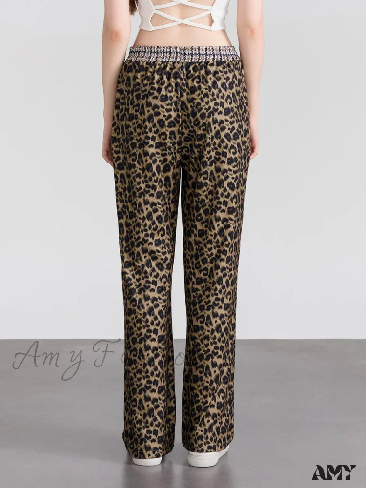 Elastic Waistband Leopard Houndstooth Print Casual Pants - Image 4