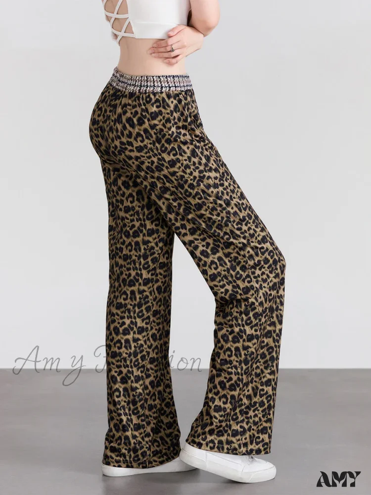Elastic Waistband Leopard Houndstooth Print Casual Pants - Image 5