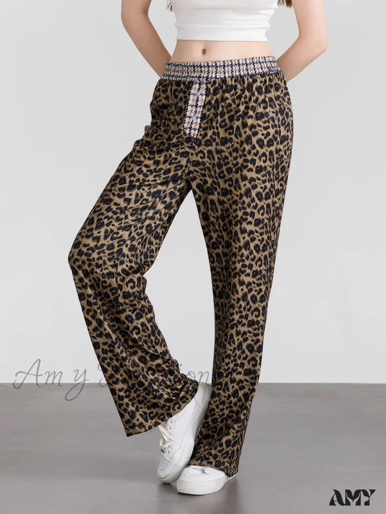 Elastic Waistband Leopard Houndstooth Print Casual Pants - Image 6
