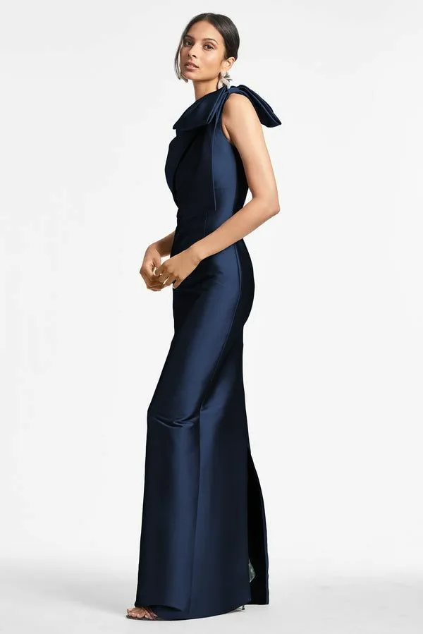 Elegant Long Dark Navy Bow Mermaid Prom Dress - Image 3