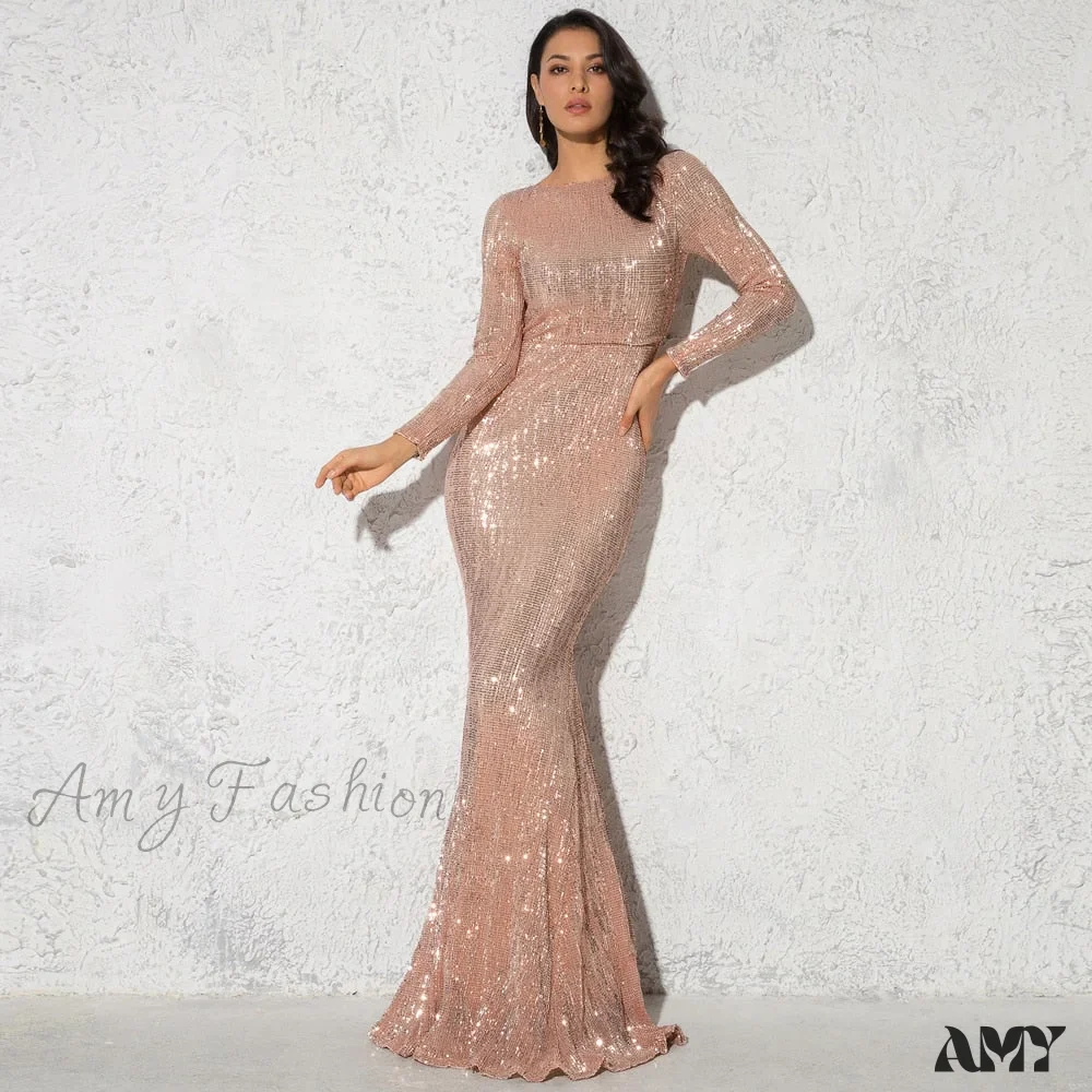 Amy Fashion - Elegant O Neck Long Sleeve Sequin Maxi Dress