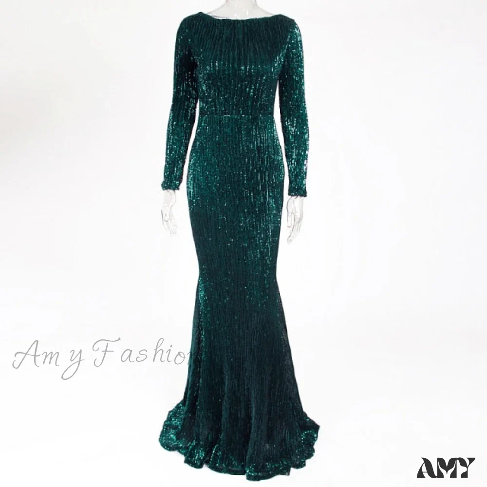 Amy Fashion - Elegant O Neck Long Sleeve Sequin Maxi Dress - Image 2