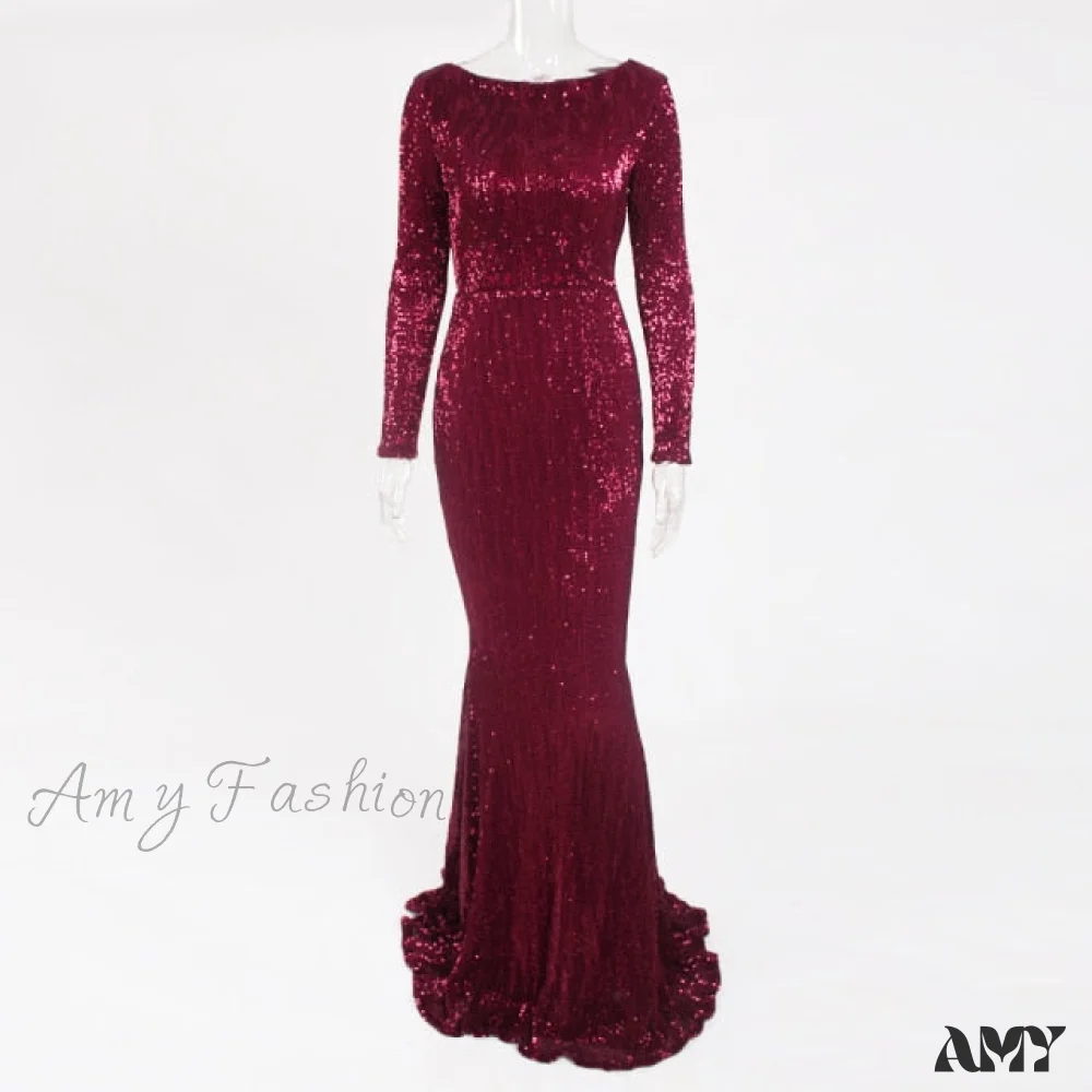 Amy Fashion - Elegant O Neck Long Sleeve Sequin Maxi Dress - Image 4