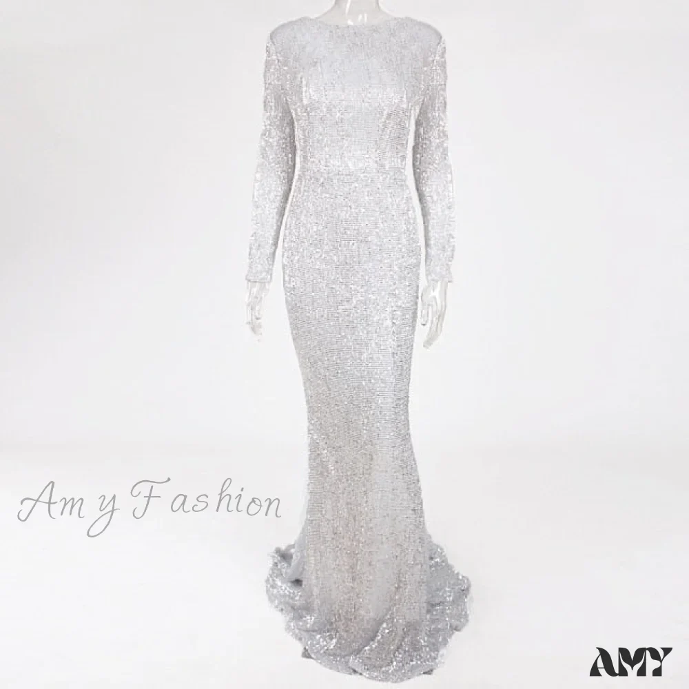 Amy Fashion - Elegant O Neck Long Sleeve Sequin Maxi Dress - Image 8