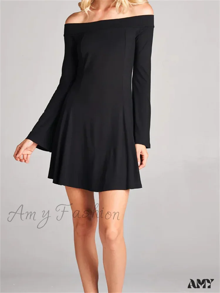 Amy Fashion - Elegant Off Shoulder Solid Color Long Sleeve Party Mini Dress - Image 2