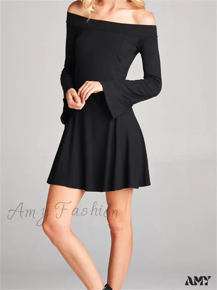Amy Fashion - Elegant Off Shoulder Solid Color Long Sleeve Party Mini Dress - Image 3