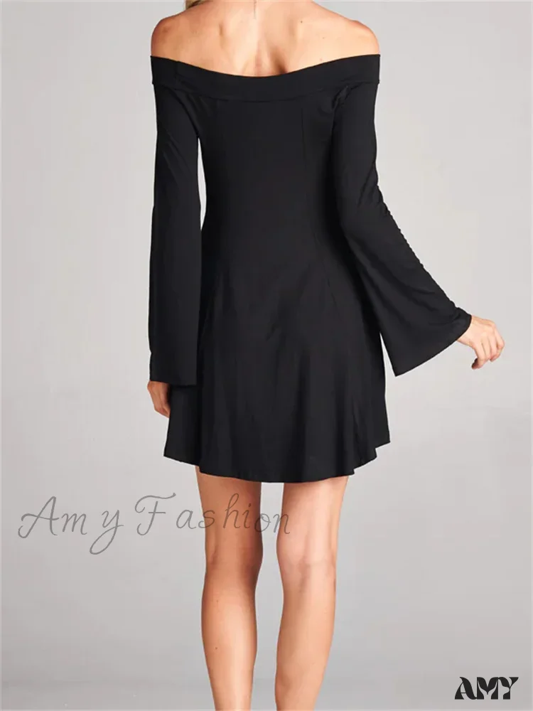 Amy Fashion - Elegant Off Shoulder Solid Color Long Sleeve Party Mini Dress - Image 5