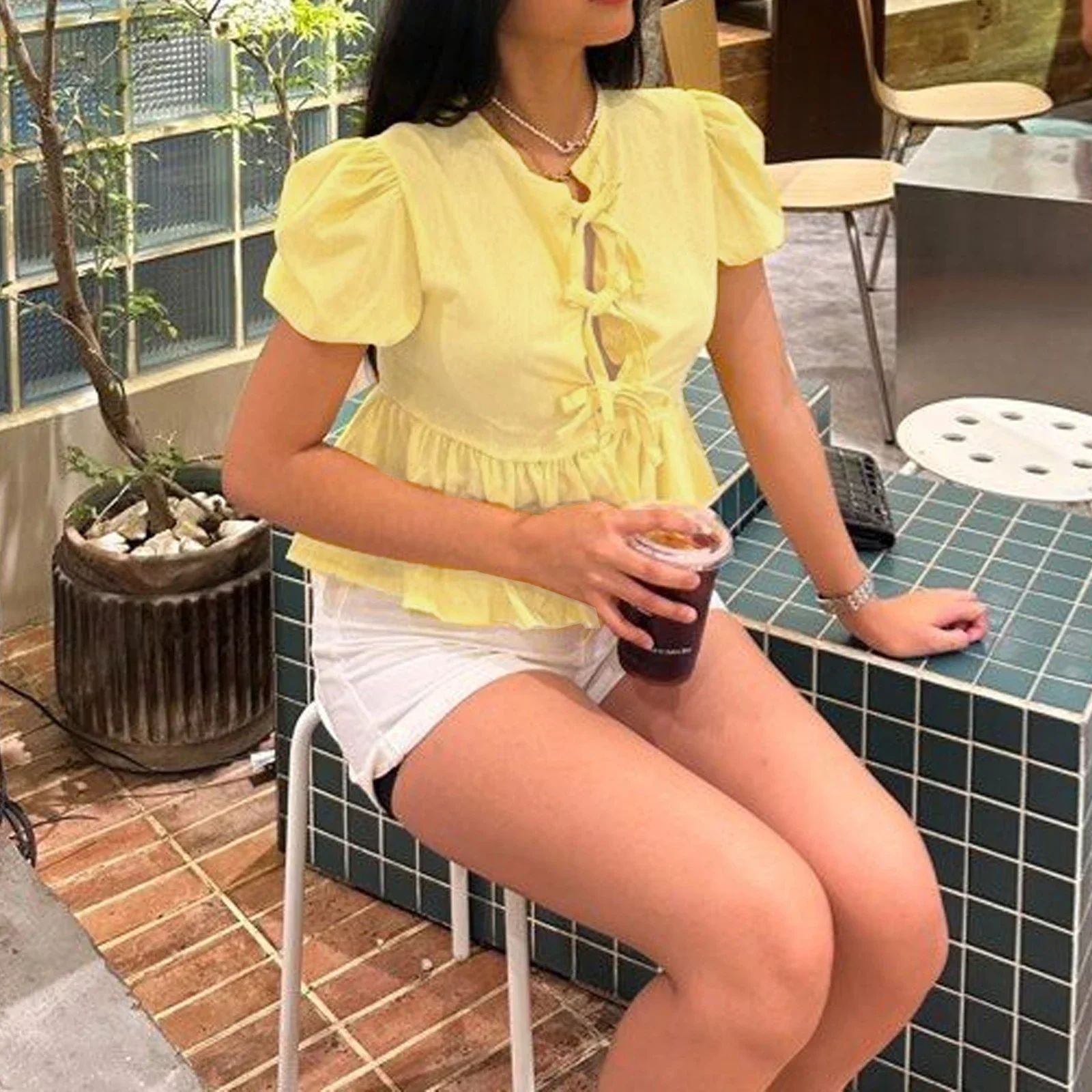 Elegant Peplum Puff Sleeve Blouse - Image 4