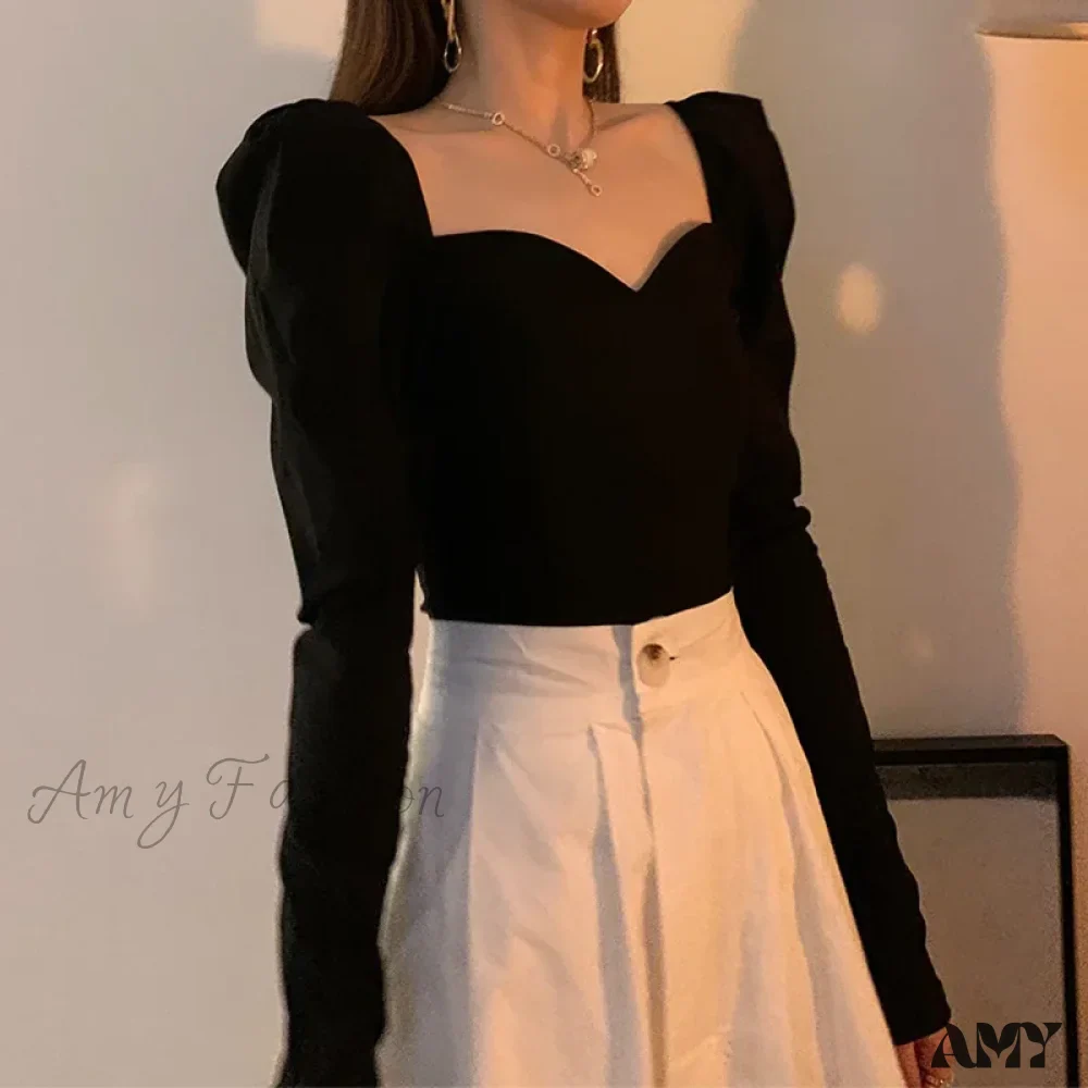 Elegant Puff Sleeve Square Collar Chic Slim Tops Blouse - Image 2