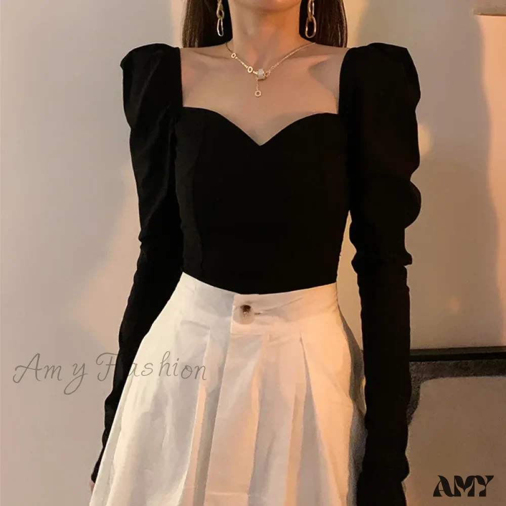 Elegant Puff Sleeve Square Collar Chic Slim Tops Blouse - Image 3