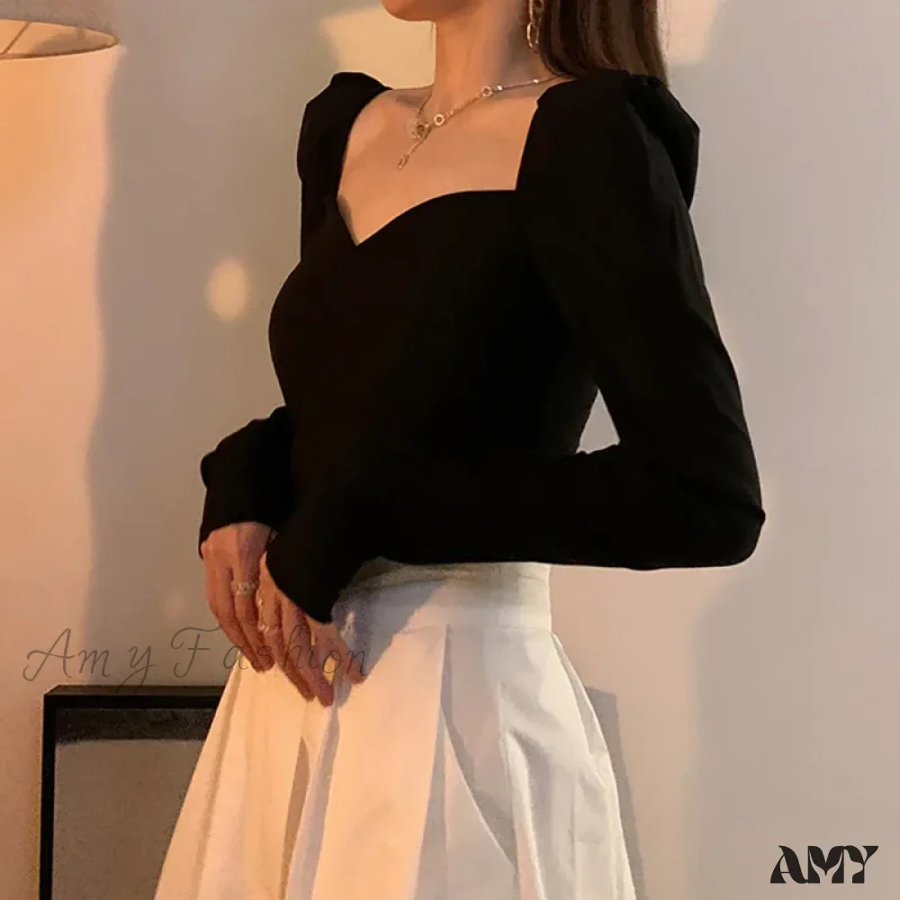 Elegant Puff Sleeve Square Collar Chic Slim Tops Blouse - Image 4