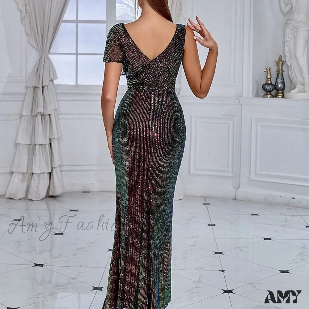 Elegant Sequined One-Shoulder Ruffled Side-Split Draped Evening Prom Maxi Dress - Image 2