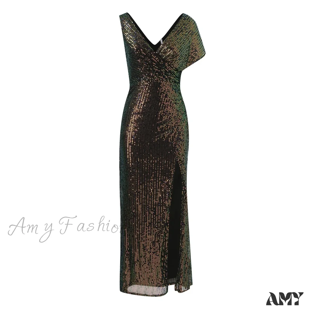 Elegant Sequined One-Shoulder Ruffled Side-Split Draped Evening Prom Maxi Dress - Image 3