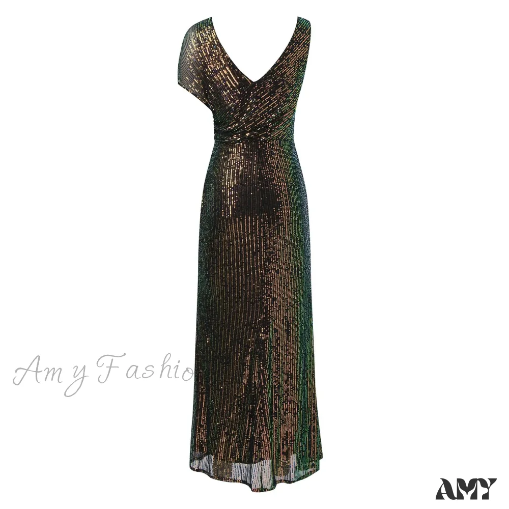 Elegant Sequined One-Shoulder Ruffled Side-Split Draped Evening Prom Maxi Dress - Image 4