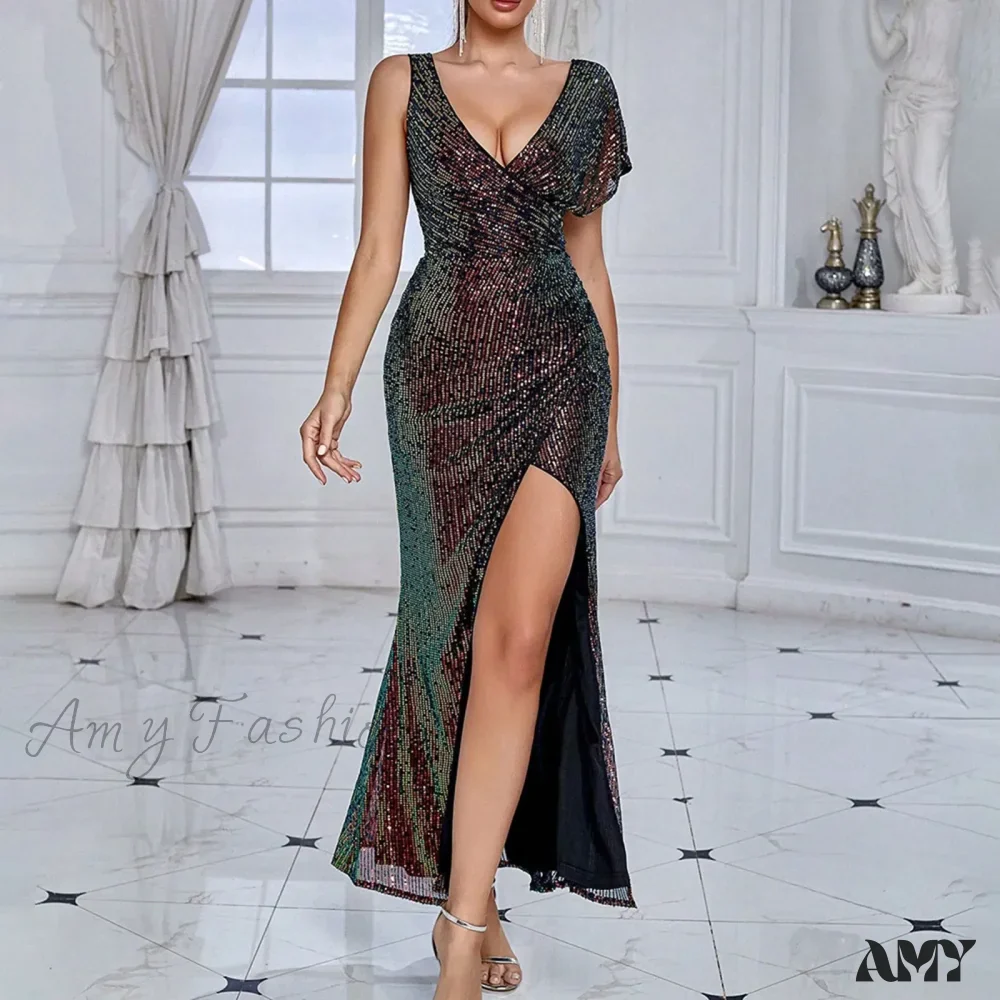 Elegant Sequined One-Shoulder Ruffled Side-Split Draped Evening Prom Maxi Dress - Image 5