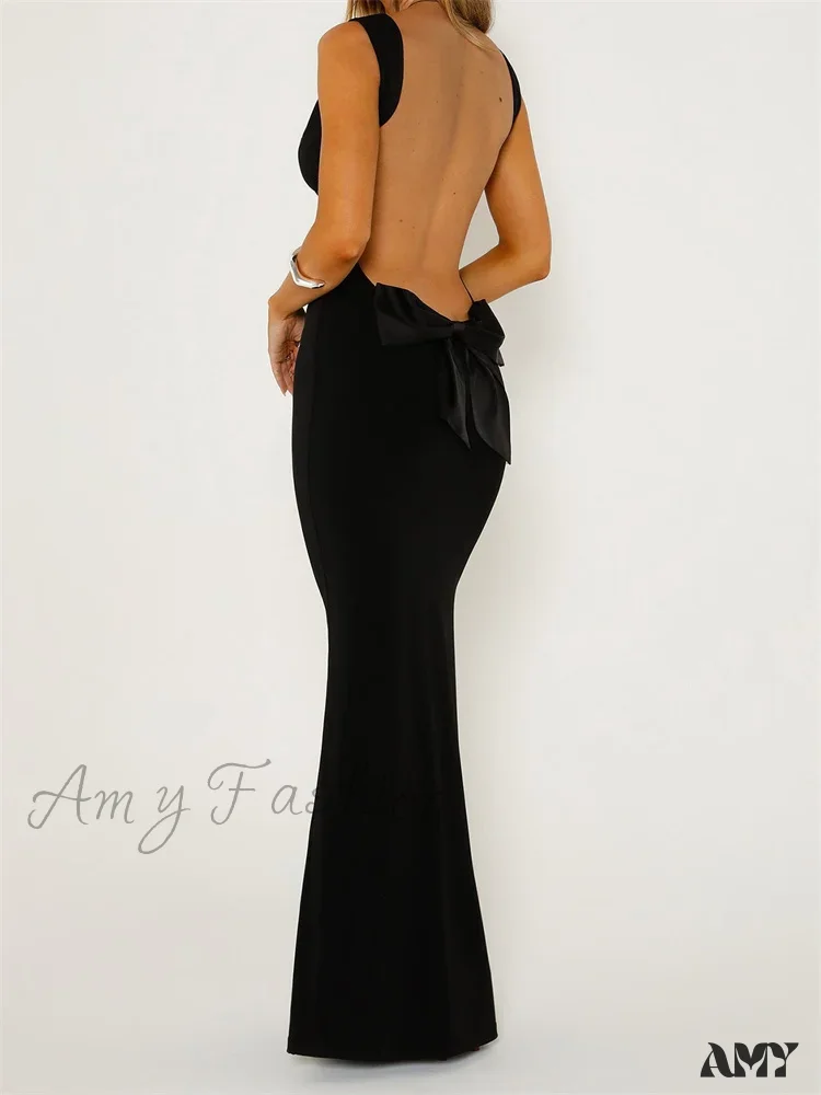 Amy Fashion - Elegant Women Bow Patchwork Sleeveless V-neck Low Cut Backless Solid Cocktail Party Formal Vestidos - Image 3