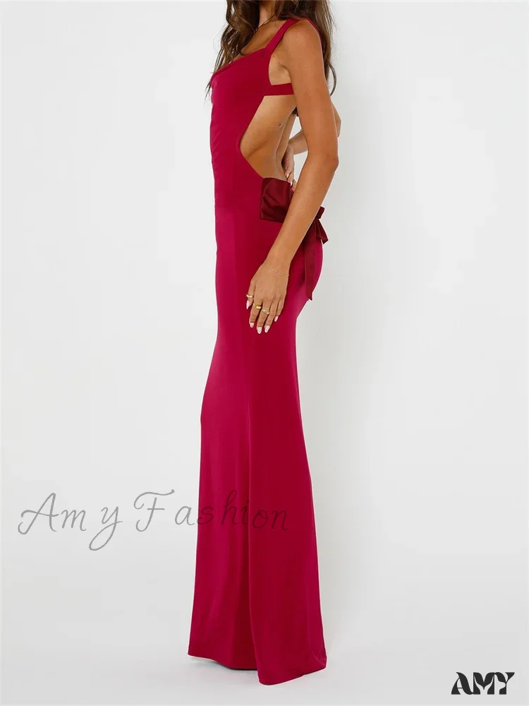 Amy Fashion - Elegant Women Bow Patchwork Sleeveless V-neck Low Cut Backless Solid Cocktail Party Formal Vestidos - Image 6