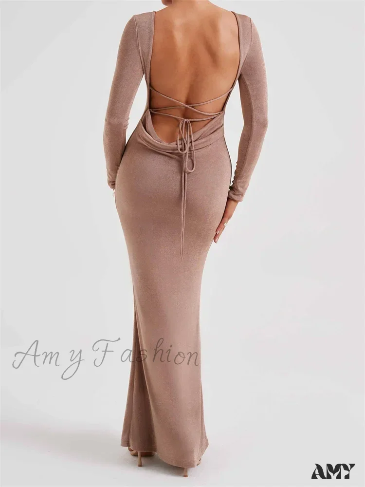 Amy Fashion - Elegant Women Party  Backless Criss-cross Tie-up Bodycon Formal Club  Sleeve Solid Female Vestido - Image 2