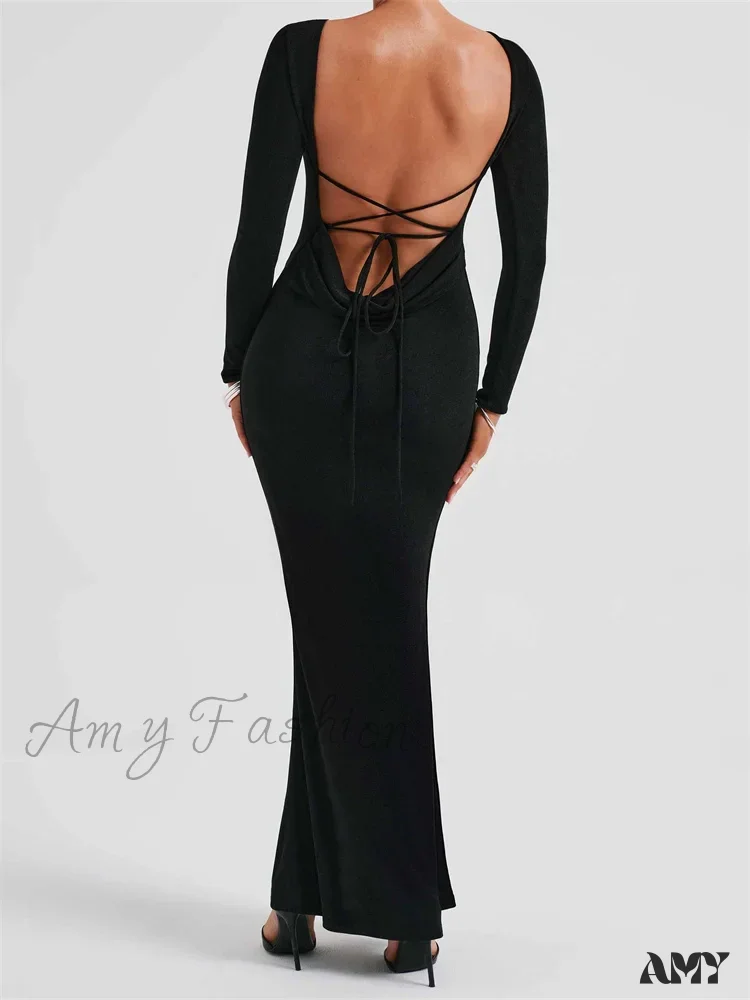 Amy Fashion - Elegant Women Party  Backless Criss-cross Tie-up Bodycon Formal Club  Sleeve Solid Female Vestido - Image 7