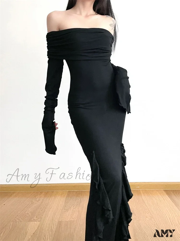 Amy Fashion - Elegant Women Slash Neck Off Shoulder   Flare Sleeve Party Irregular Hem Ruffles Female Vestidos - Image 2