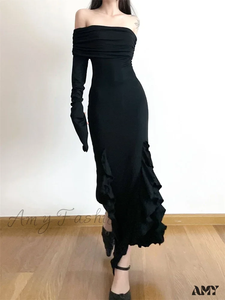 Amy Fashion - Elegant Women Slash Neck Off Shoulder   Flare Sleeve Party Irregular Hem Ruffles Female Vestidos - Image 3