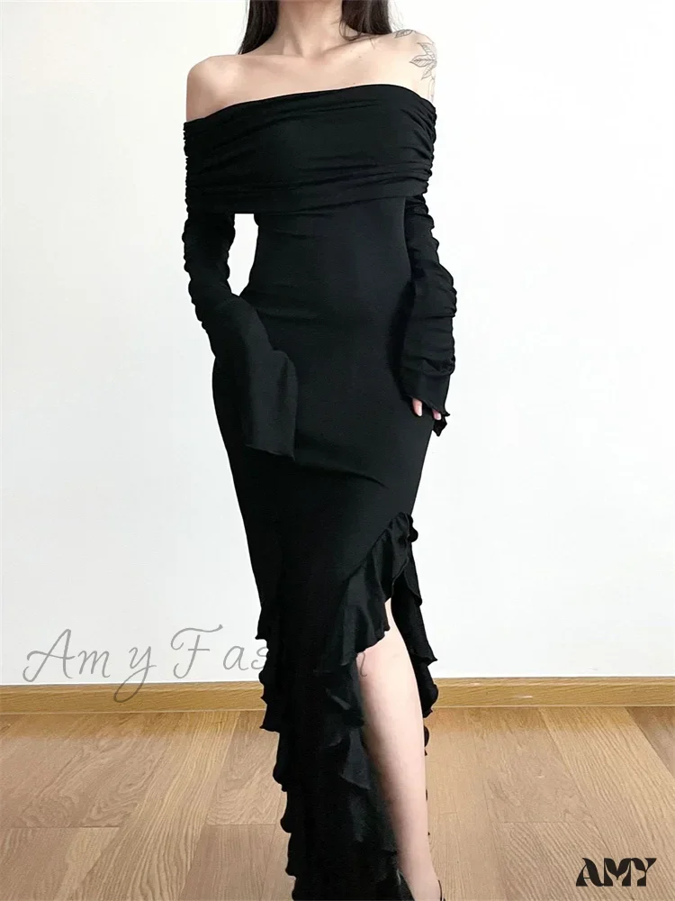 Amy Fashion - Elegant Women Slash Neck Off Shoulder   Flare Sleeve Party Irregular Hem Ruffles Female Vestidos - Image 4