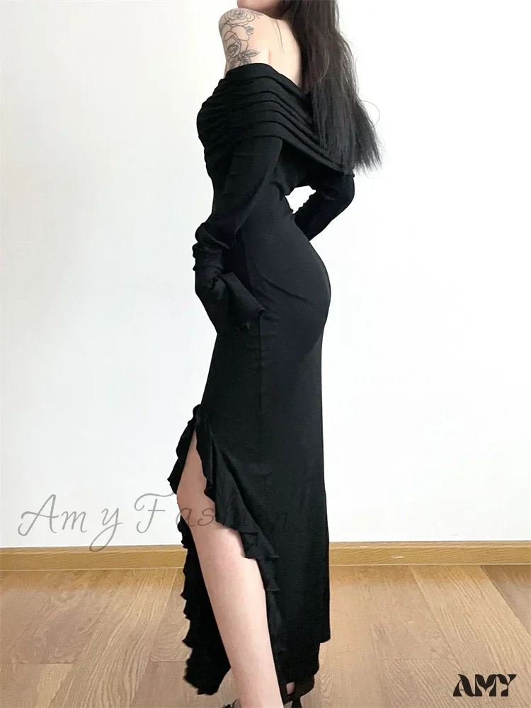 Amy Fashion - Elegant Women Slash Neck Off Shoulder   Flare Sleeve Party Irregular Hem Ruffles Female Vestidos - Image 5