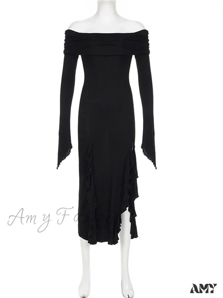 Amy Fashion - Elegant Women Slash Neck Off Shoulder   Flare Sleeve Party Irregular Hem Ruffles Female Vestidos - Image 6