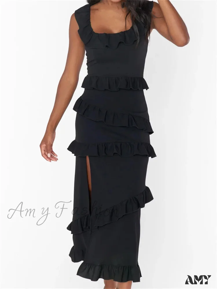 Amy Fashion - Elegant Women Sleeveless Strap Ruffle Sling   Square Neck Summer Beach Side Split Party Evening Vestido - Image 2