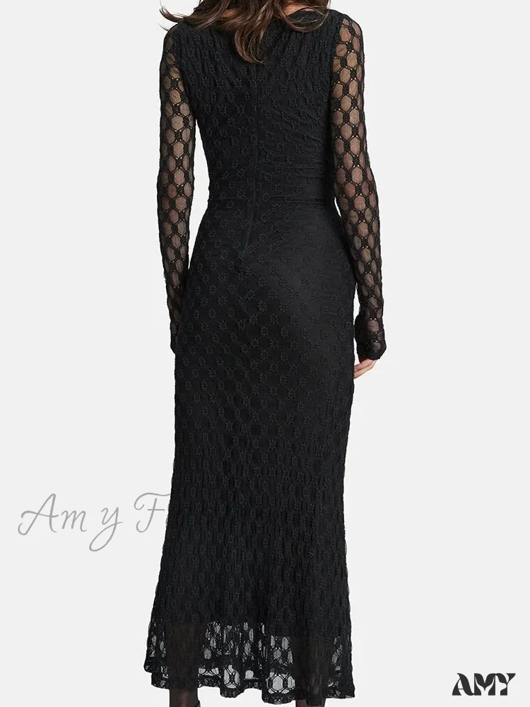 Amy Fashion - Elegant Women Spring Autumn Party  See Through  Sleeve Square Neck Lace Floral Slim Fit Vestidos - Image 2