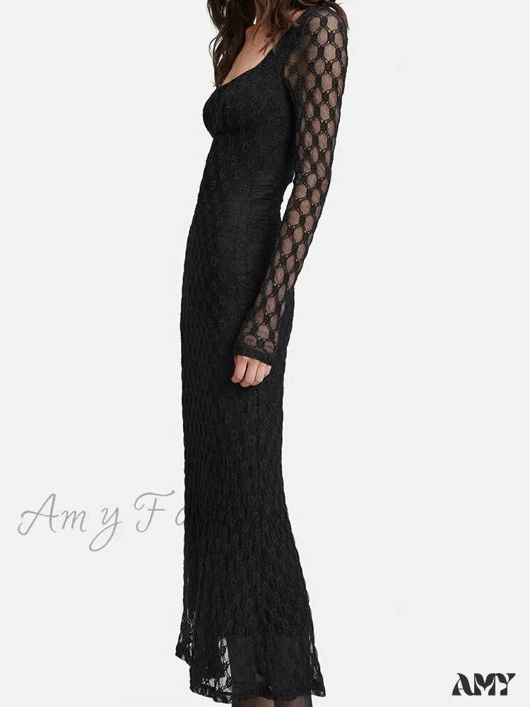 Amy Fashion - Elegant Women Spring Autumn Party  See Through  Sleeve Square Neck Lace Floral Slim Fit Vestidos - Image 3