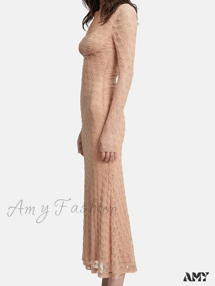 Amy Fashion - Elegant Women Spring Autumn Party  See Through  Sleeve Square Neck Lace Floral Slim Fit Vestidos - Image 4