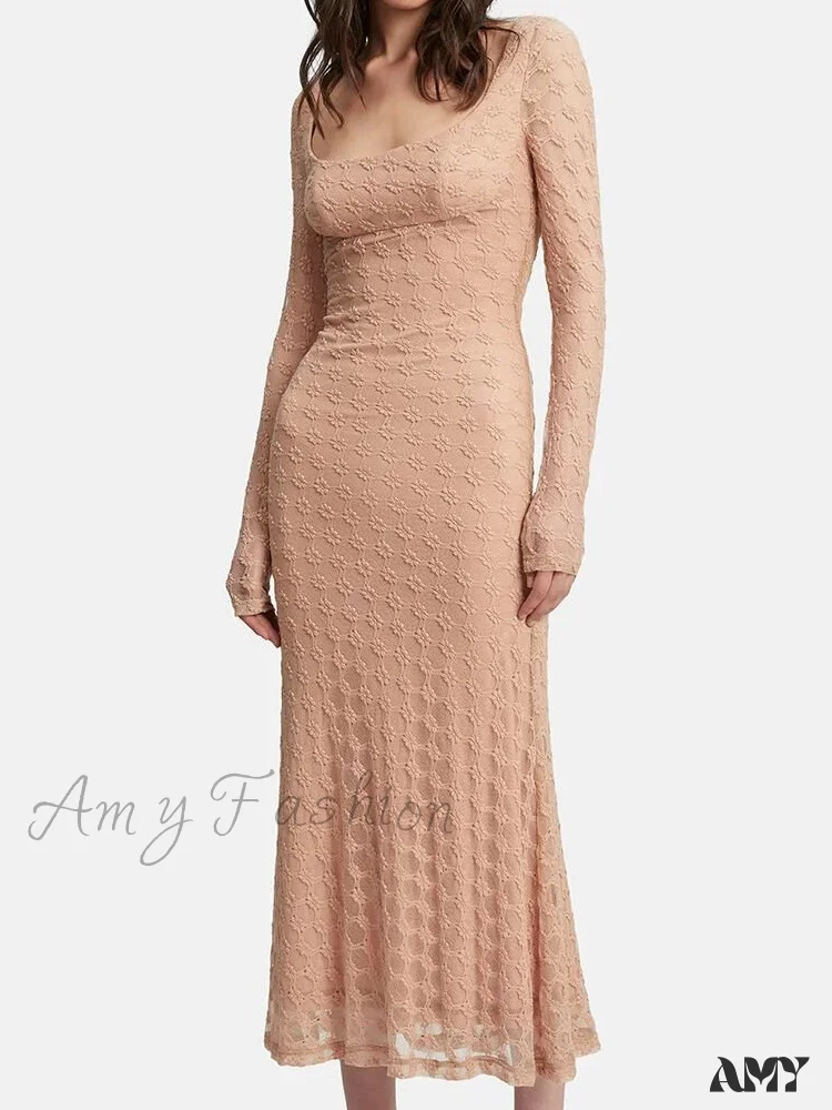 Amy Fashion - Elegant Women Spring Autumn Party  See Through  Sleeve Square Neck Lace Floral Slim Fit Vestidos - Image 5