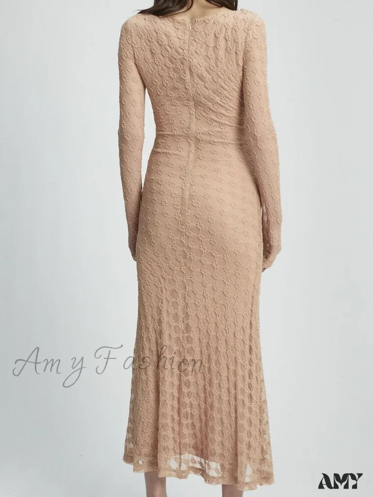 Amy Fashion - Elegant Women Spring Autumn Party  See Through  Sleeve Square Neck Lace Floral Slim Fit Vestidos - Image 6