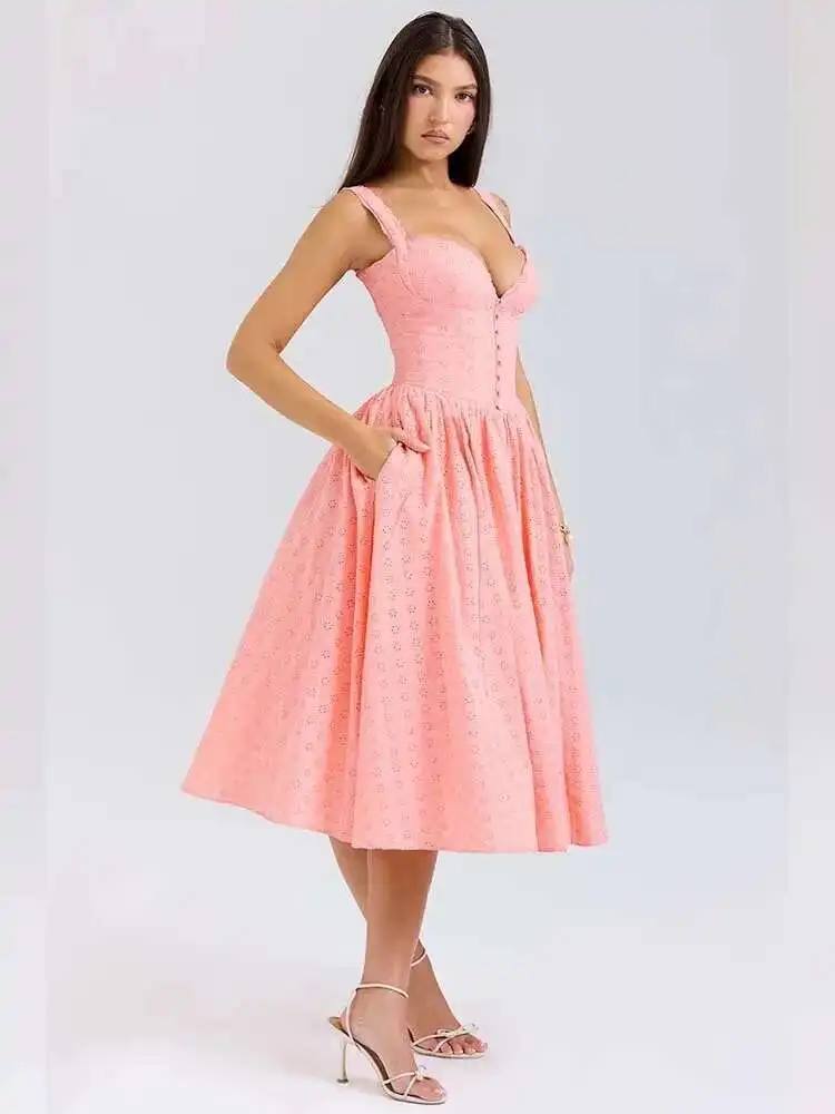 Embroidery Strap A-Line Midi Dress - Image 3