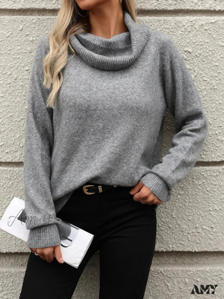 Fall Winter Solid Turtleneck Off Shoulder Long Sleeve Loose Sweater - Image 3