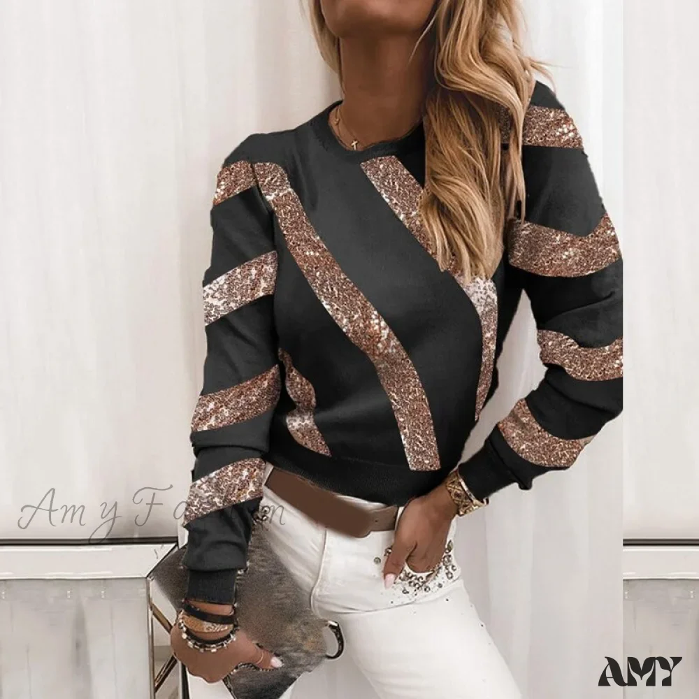 Amy Fashion - Plus Size O Neck Striped Sequin Long Sleeve T-shirt - Image 3