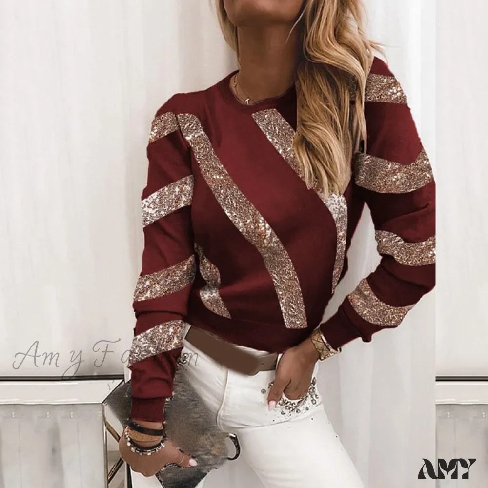 Amy Fashion - Plus Size O Neck Striped Sequin Long Sleeve T-shirt - Image 4