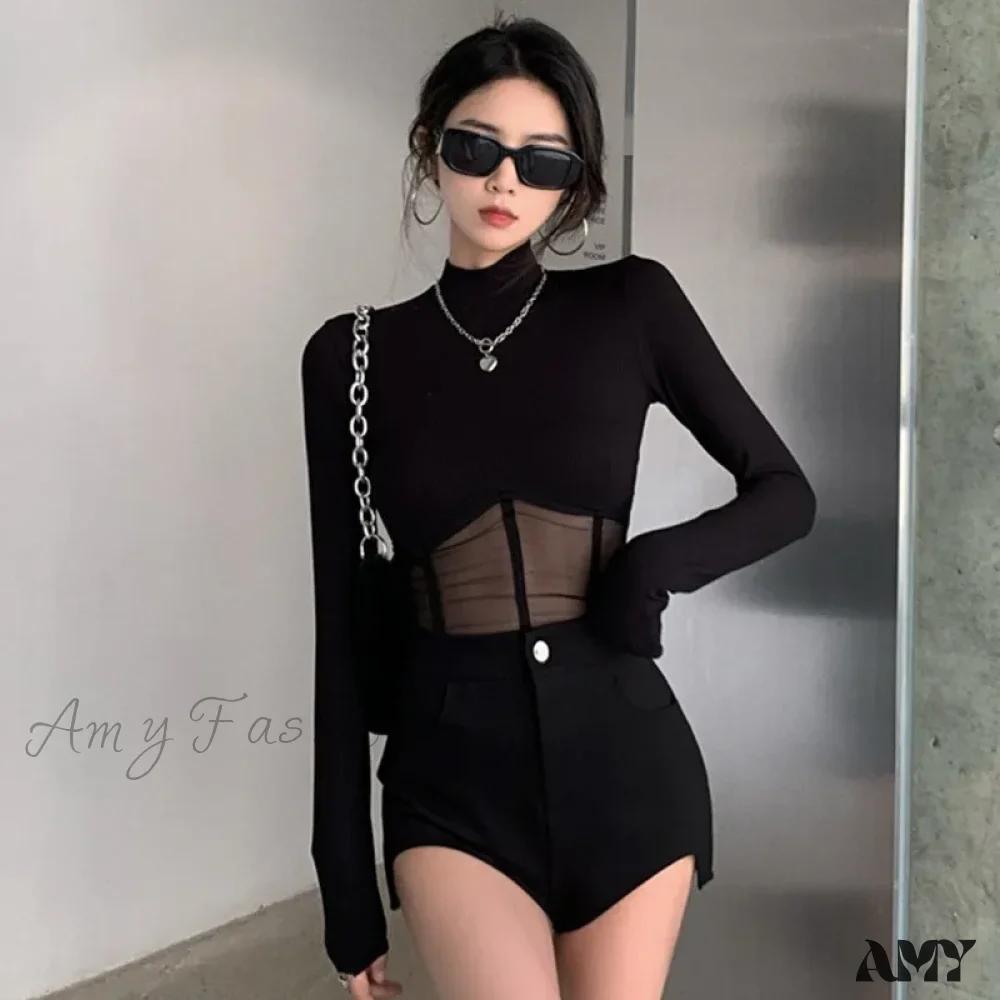 Fashionable Elegant Mesh Patchwork Slim Fit Solid Color Crop Top - Image 2