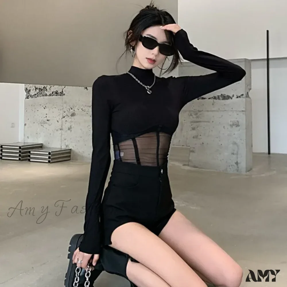 Fashionable Elegant Mesh Patchwork Slim Fit Solid Color Crop Top - Image 3
