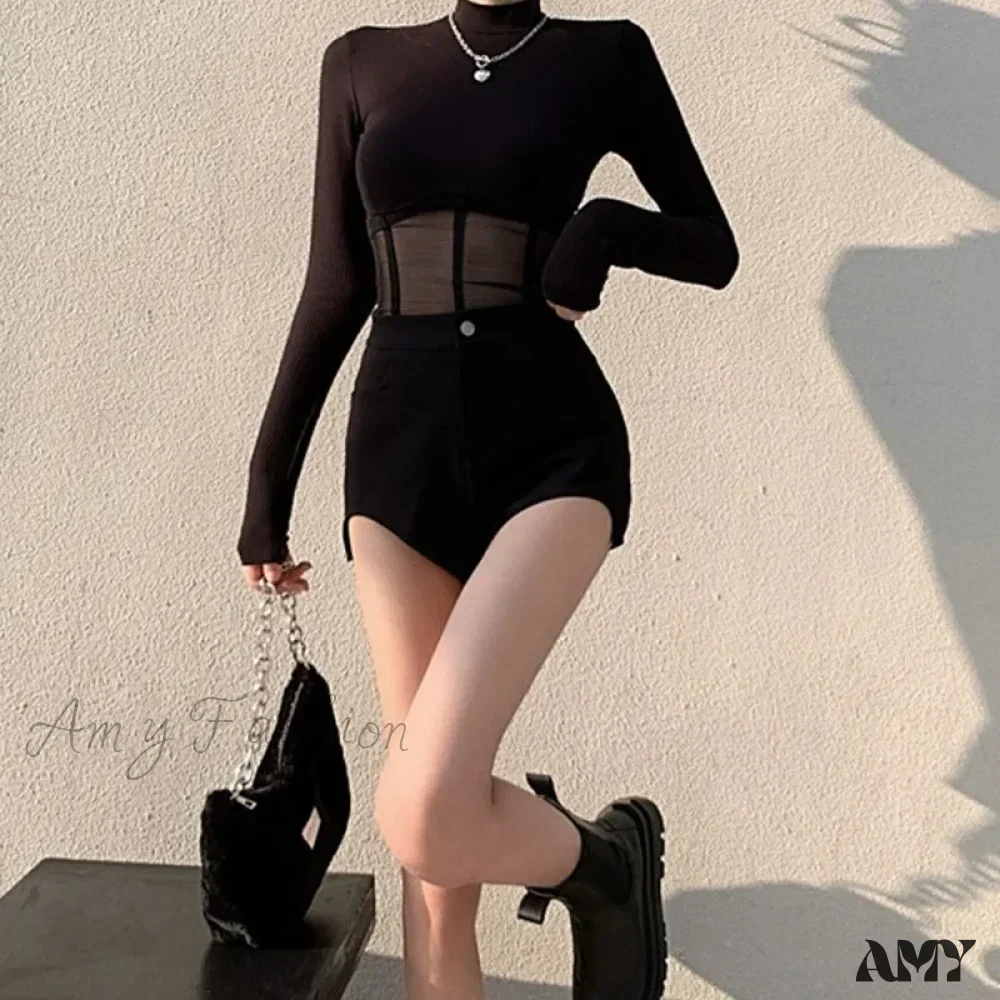 Fashionable Elegant Mesh Patchwork Slim Fit Solid Color Crop Top - Image 4