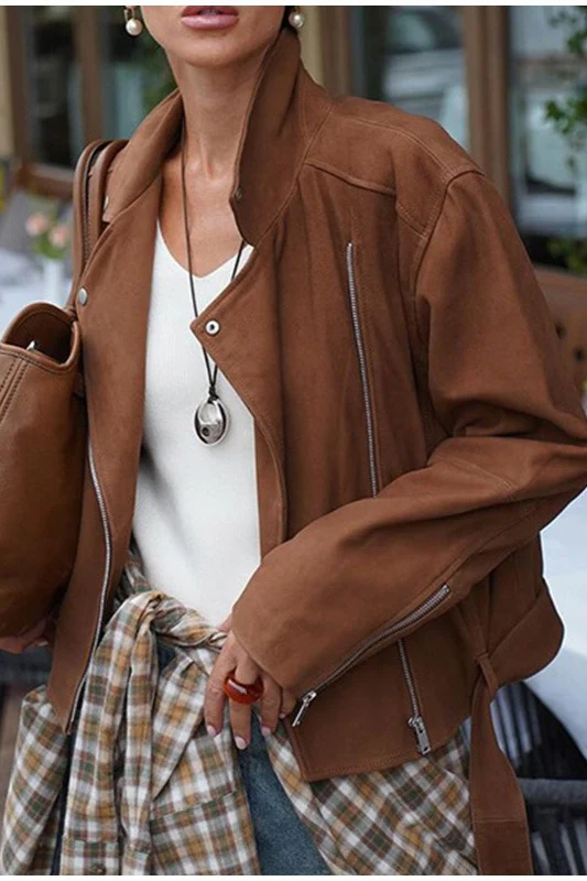 Fashionable Zippered Cropped Biker Jacket - Image 3