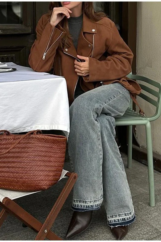Fashionable Zippered Cropped Biker Jacket - Image 5